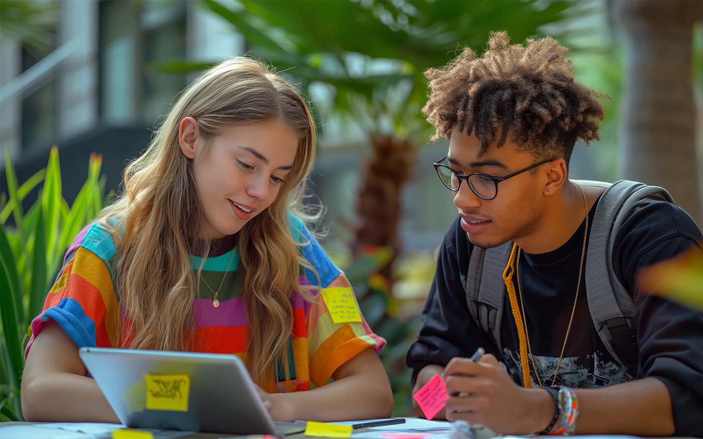 A pair of gifted learners engaging in a challenging group language activity—a collaborative project outdoors.