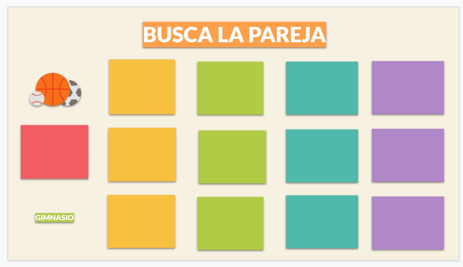 A grid of 15 colored squares on a neutral background with 2 squares removed reveal illustration of balls in one space and the Spanish word, gimnasio, in the other.
