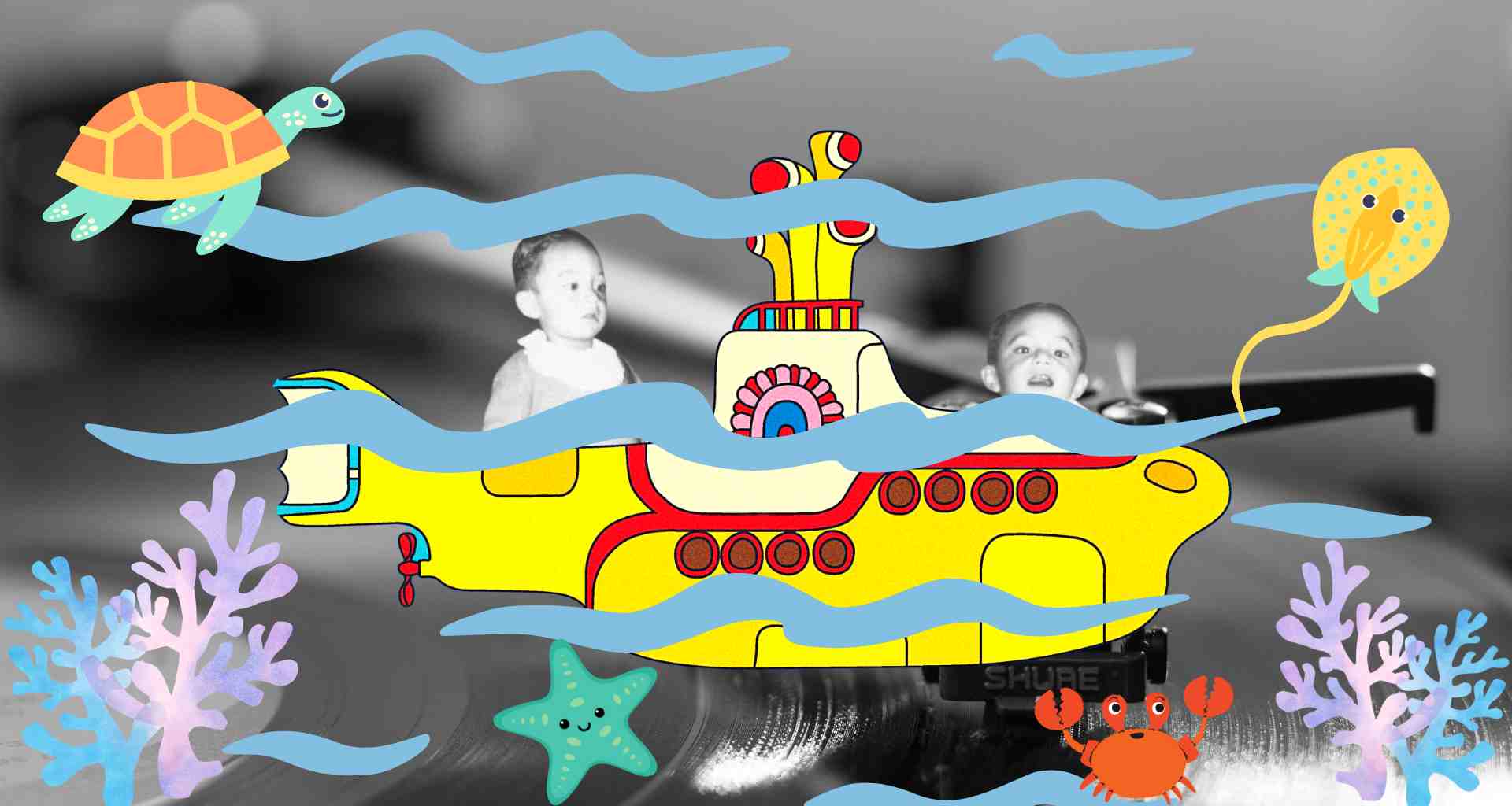 The Beatles’ Yellow Submarine record cover art with childhood pictures of the blog author superimposed on.