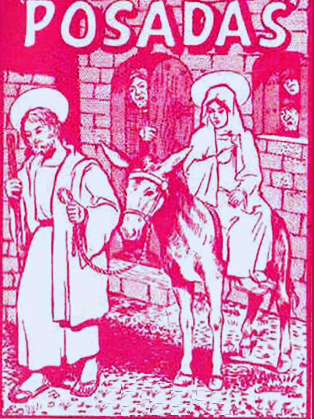 Cover of traditional Posada chanting handbook shows Mary and Joseph in front of an inn. The door to the inn remains closed and  unfriendly faces peer out of the windows at them.